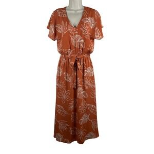 Sienna Sky Women's‎ Dress Orange Floral Elastic Tie Pockets Lined Midi Size S